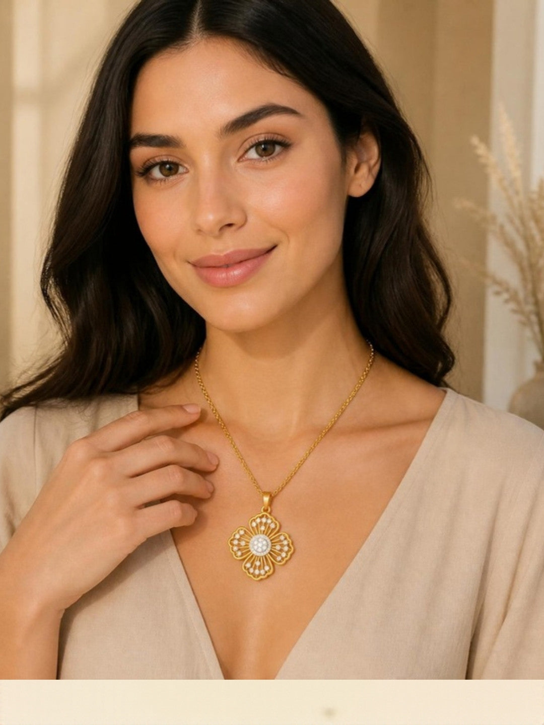 Woman wearing Blossom Radiance Gold Pendant, front view