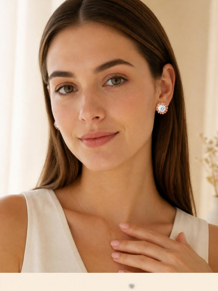 Woman wearing Rose Radiance Stud Earrings, front view