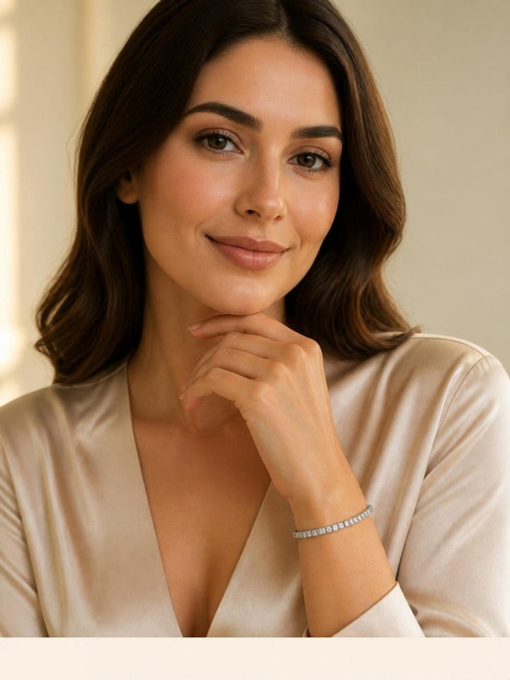 Woman wearing Radiant Spark lab-grown diamond tennis bracelet, front view