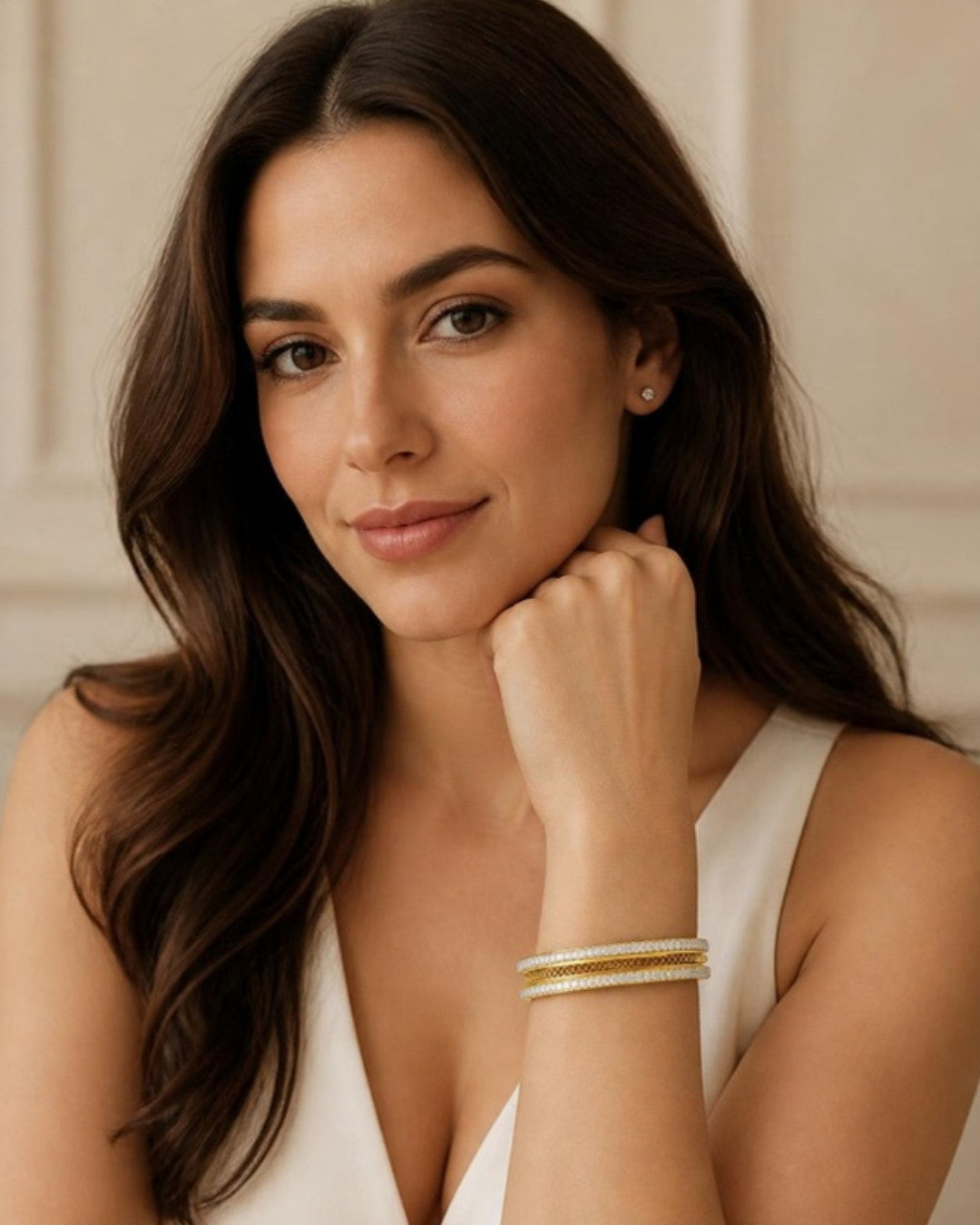 Woman wearing Sanskriti Regal Diamond-Trimmed Gold Bracelet, front view
