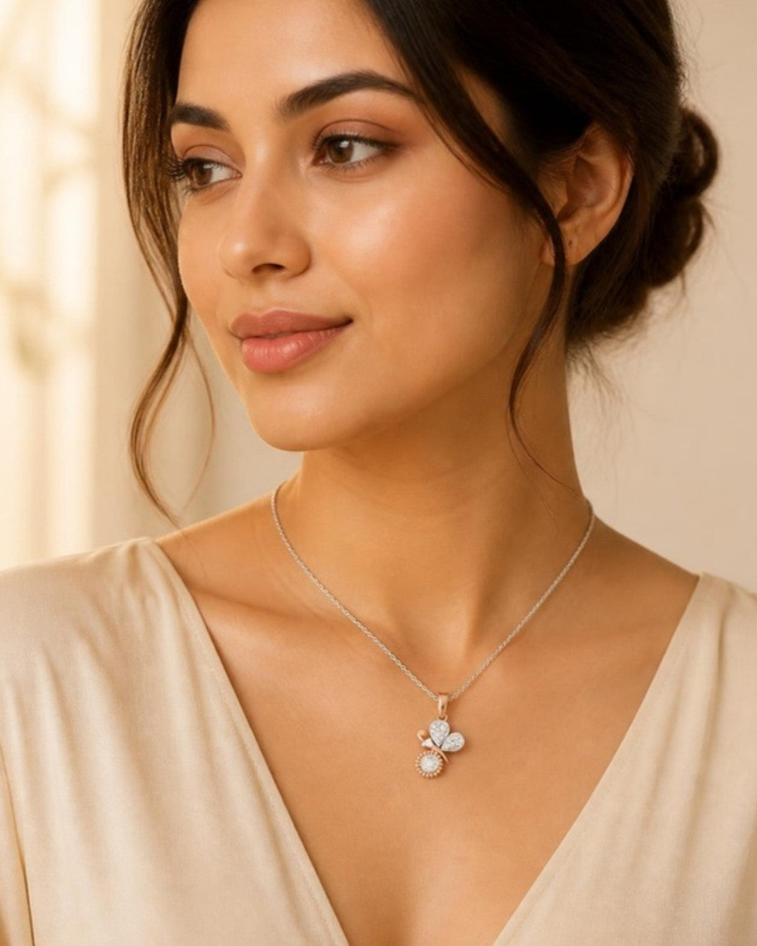 Woman wearing Blossom Breeze Butterfly & Flower Pendant, front view