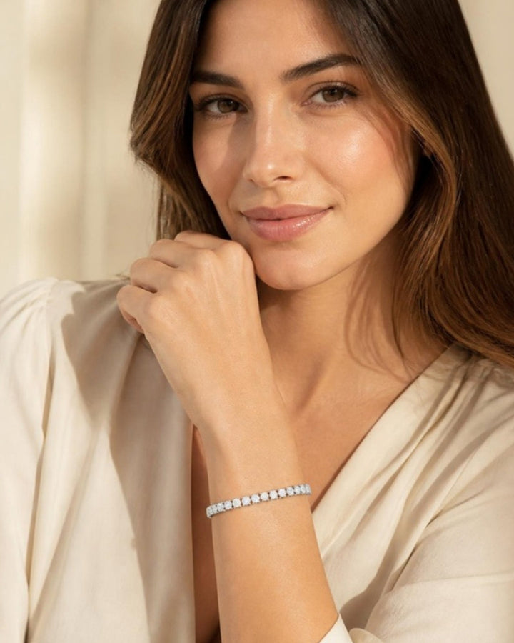 Woman wearing Sanskriti Eternal Diamond Tennis Bracelet, front view