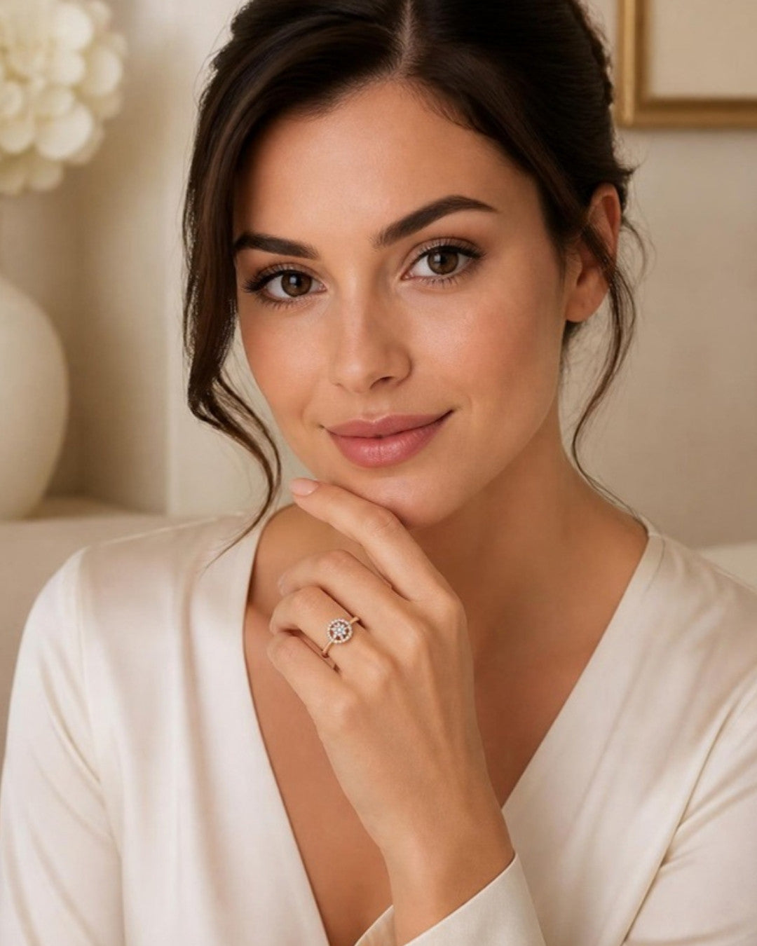 Woman wearing Blossom Radiance Rose Gold Diamond Ring, front view