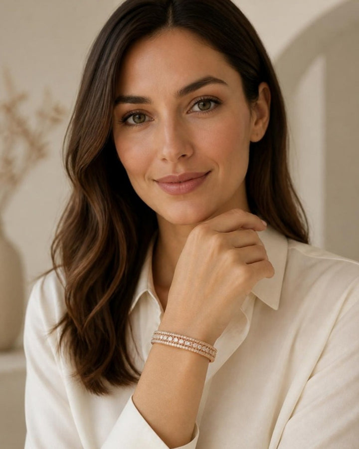 Woman wearing Sanskriti Diamond-Embellished Gold Bracelet, front view