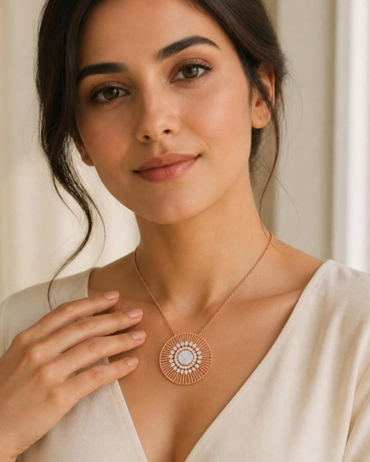 Woman wearing Celestial Bloom Pendant Necklace, front view