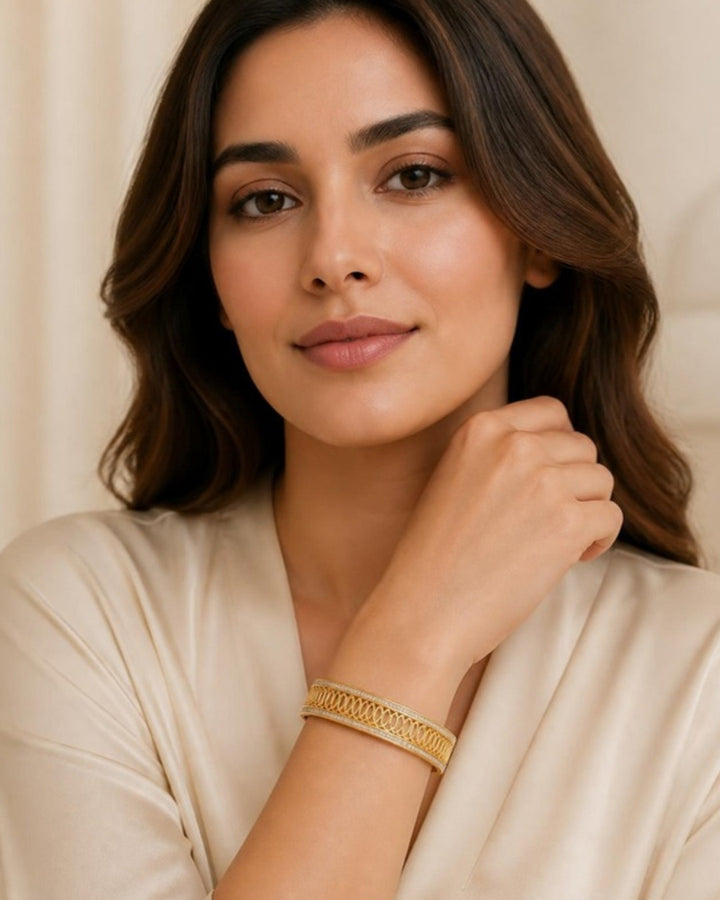 Woman wearing Celestial Harmony Diamond Bangle, front view