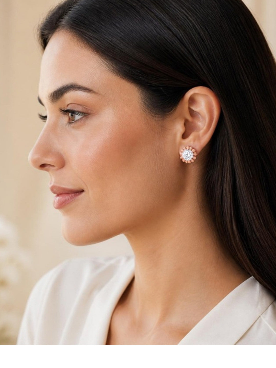 Woman wearing Rose Radiance Stud Earrings, side profile view