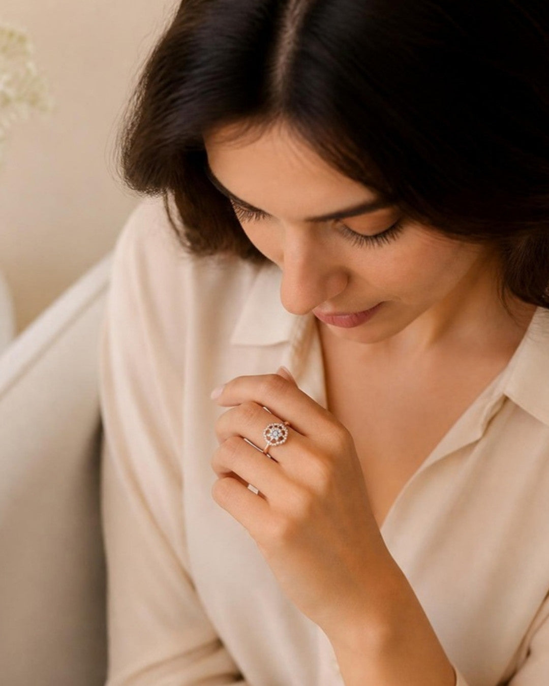 Woman wearing Blossom Radiance Rose Gold Diamond Ring, top-down view
