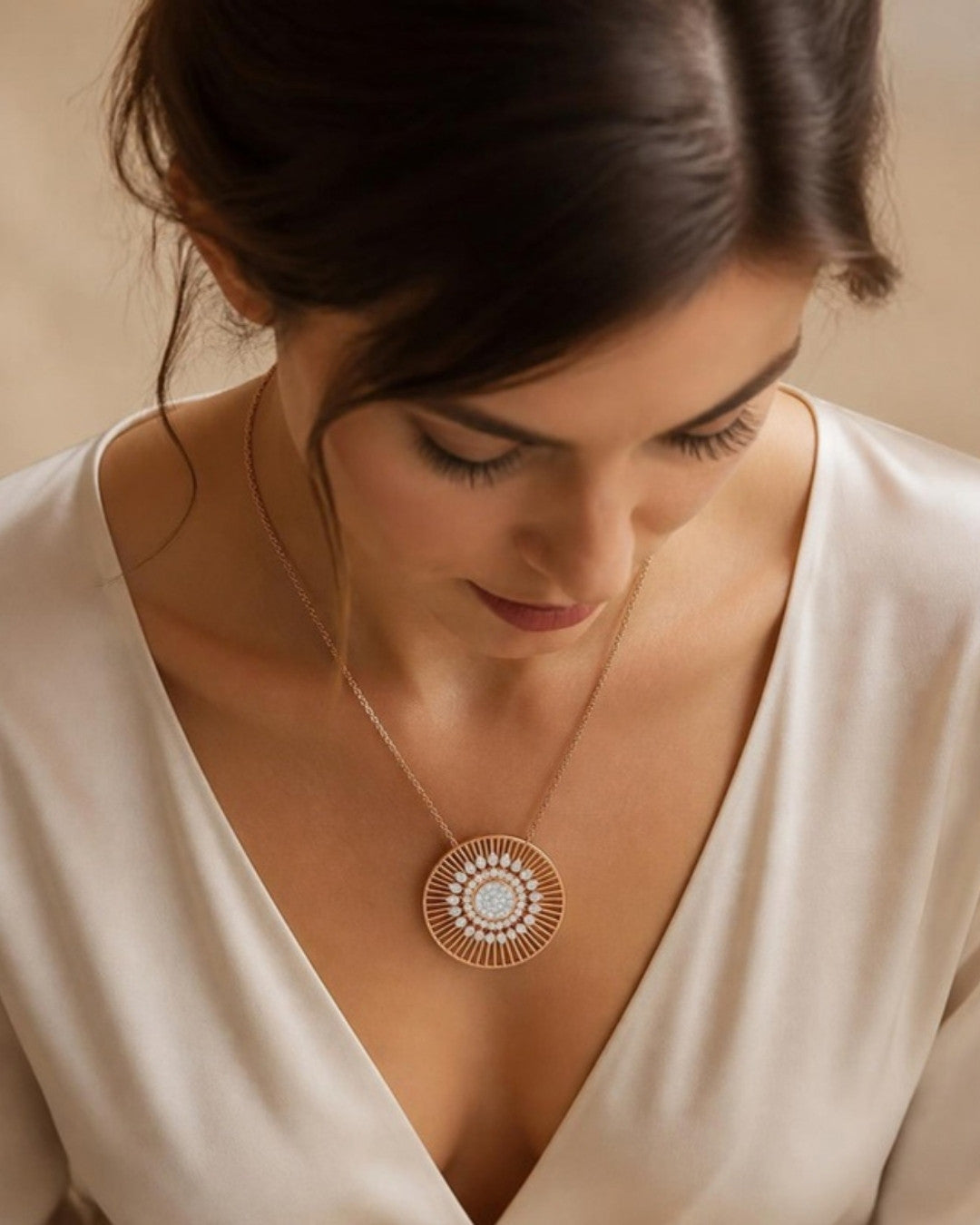 Woman wearing Celestial Bloom Pendant Necklace, top-down view