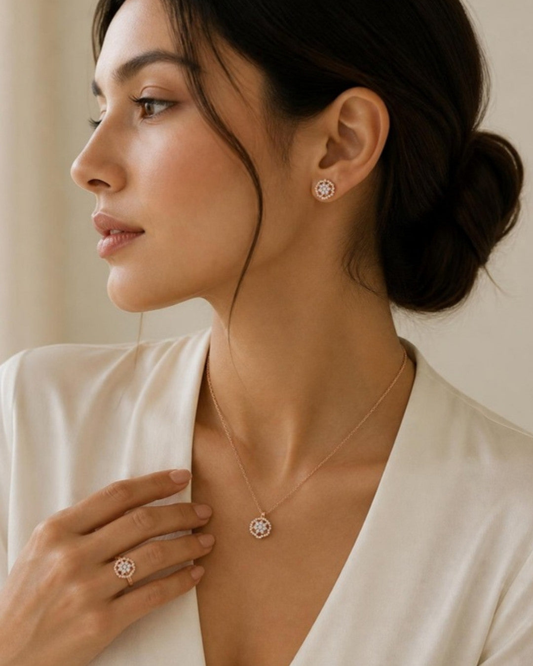 Woman wearing Blossom Radiance Rose Gold Diamond Ring, side profile view