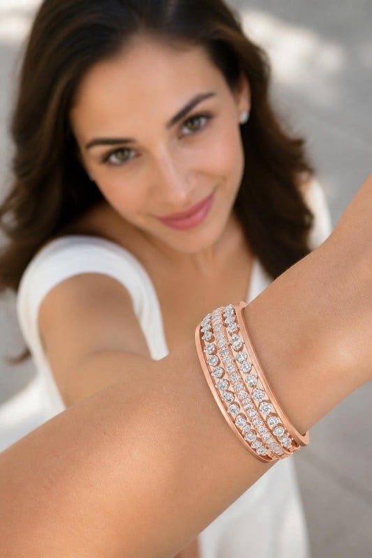 Aurora Crown Diamond Bracelet worn by a model, top-down view