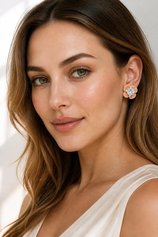 Blooming Elegance Floral Diamond Earrings worn by a model, front view