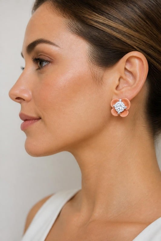 Blooming Elegance Floral Diamond Earrings worn by a model, side view