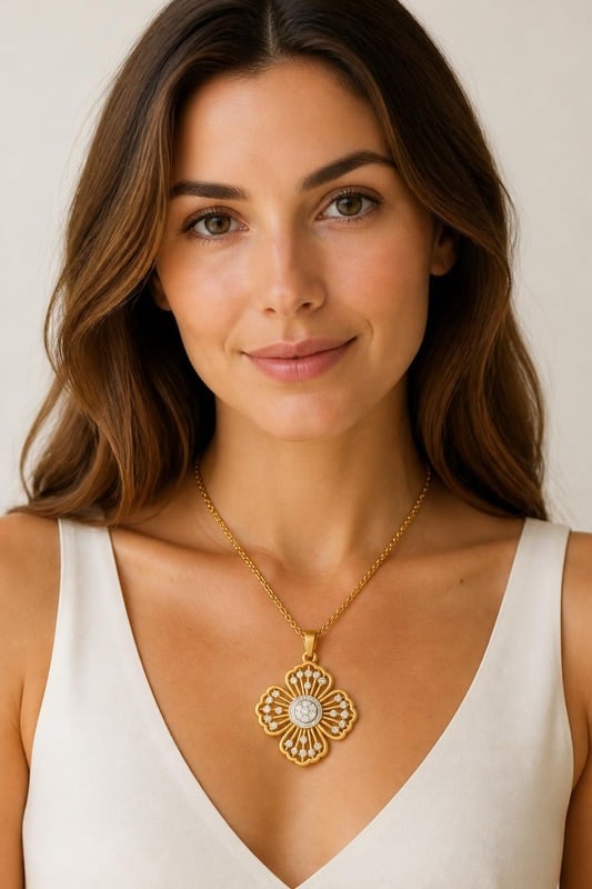 Blossom Radiance Gold Pendant worn by a model, front view