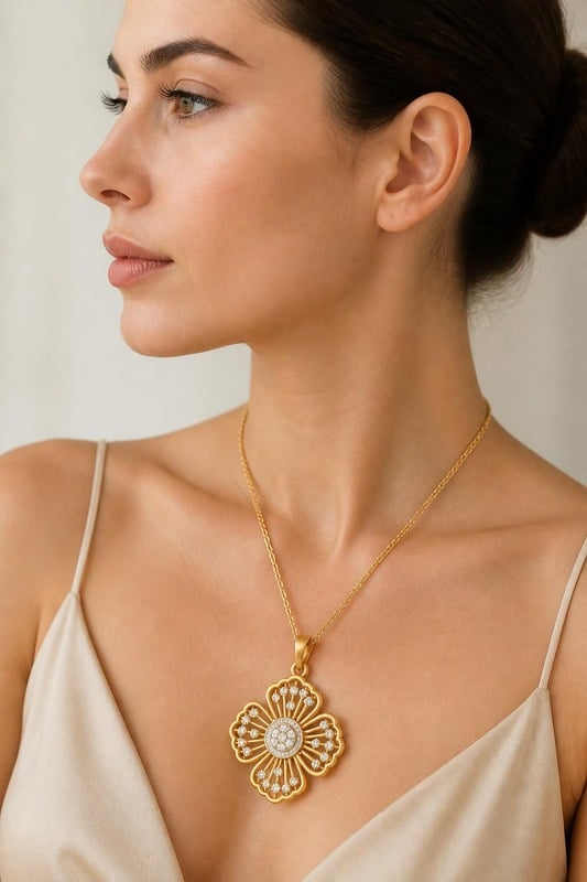 Blossom Radiance Gold Pendant worn by a model, side view