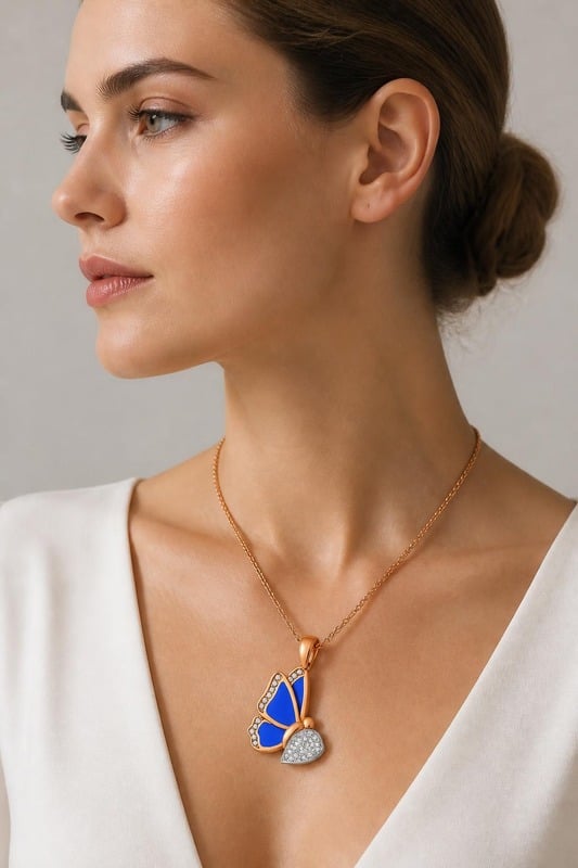 Butterfly Royal Radiance Pendant worn by a model, side view