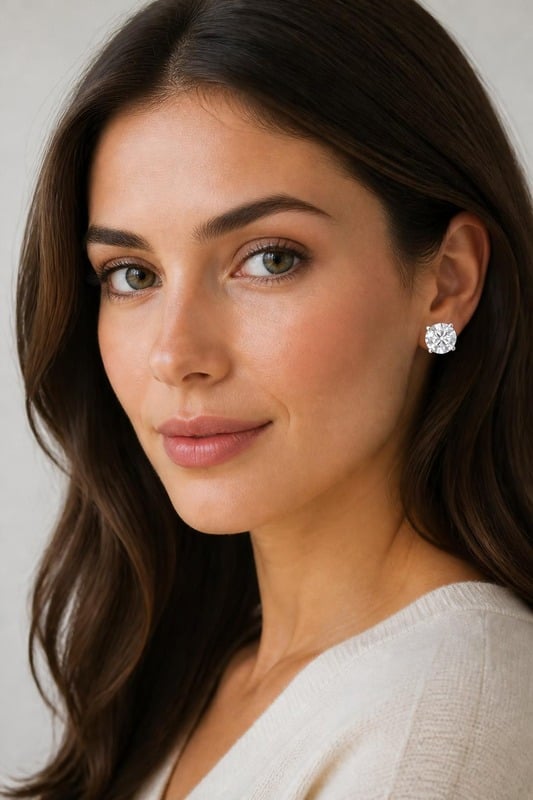Celeste Solitaire Diamond Stud Earrings worn by a model, front view