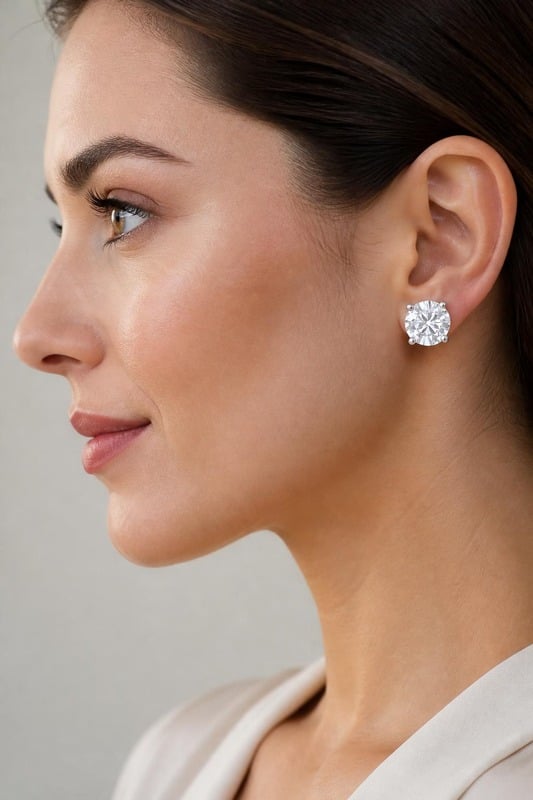Celeste Solitaire Diamond Stud Earrings worn by a model, side view