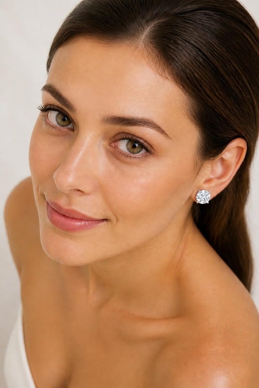 Celeste Solitaire Diamond Stud Earrings worn by a model, top-down view