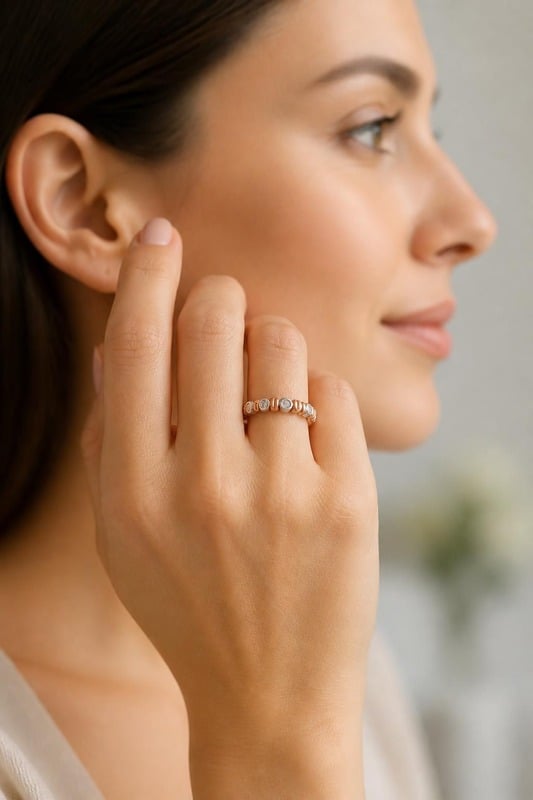 Celeste Whisper Diamond Band worn by a model, side view
