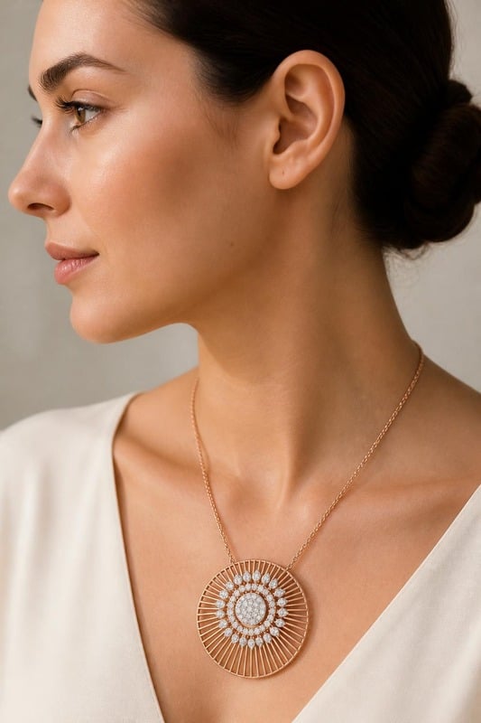 Celestial Bloom Pendant Necklace worn by a model, side view