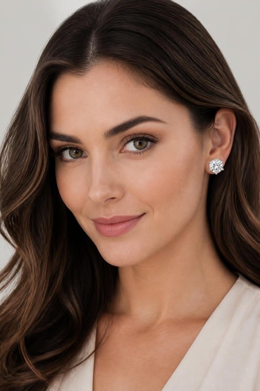 Celestial Crown Hexa Solitaire Stud Earrings worn by a model, front view