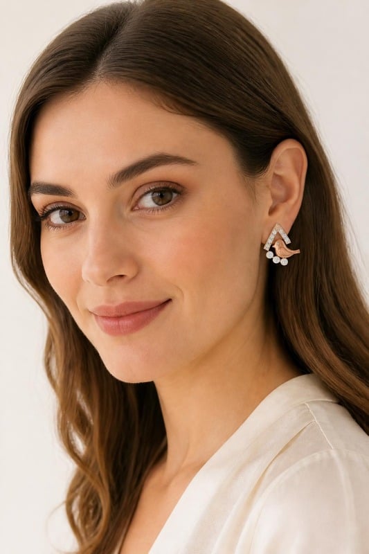Chirp Delight Diamond Earrings worn by a model, front view