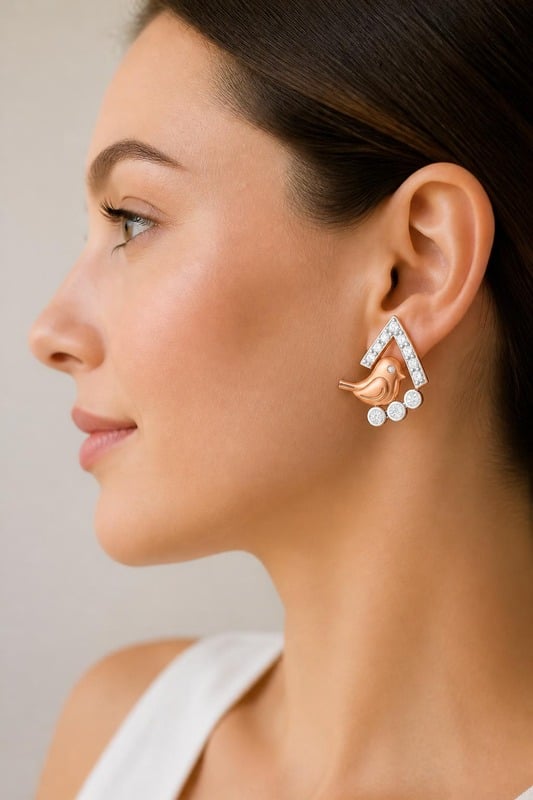 Chirp Delight Diamond Earrings worn by a model, side view
