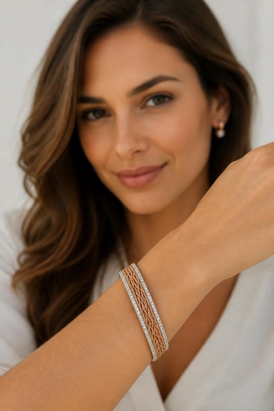 Eterna Weave Diamond Bracelet worn by a model, front view