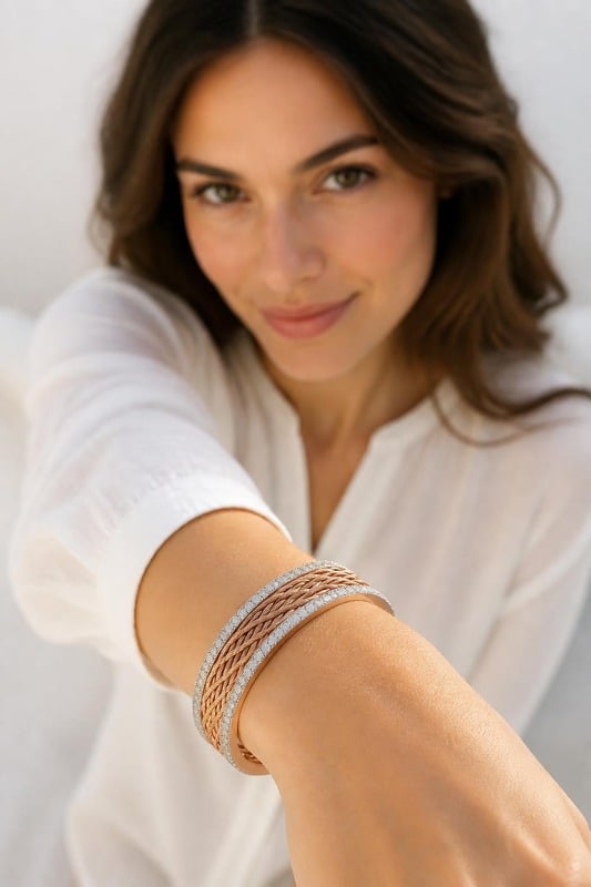 Eterna Weave Diamond Bracelet worn by a model, top-down view