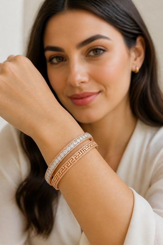 Imperial Grace Diamond Bangles worn by a model, front view