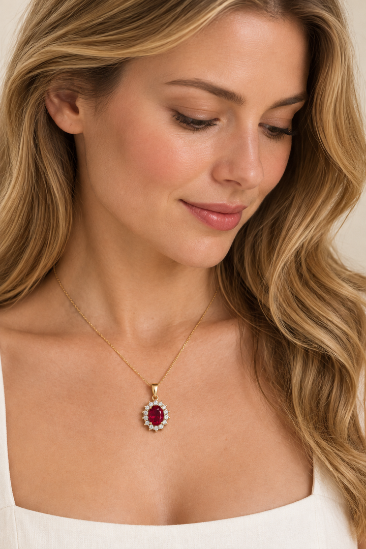 Model wearing a ruby halo pendant, top-down view