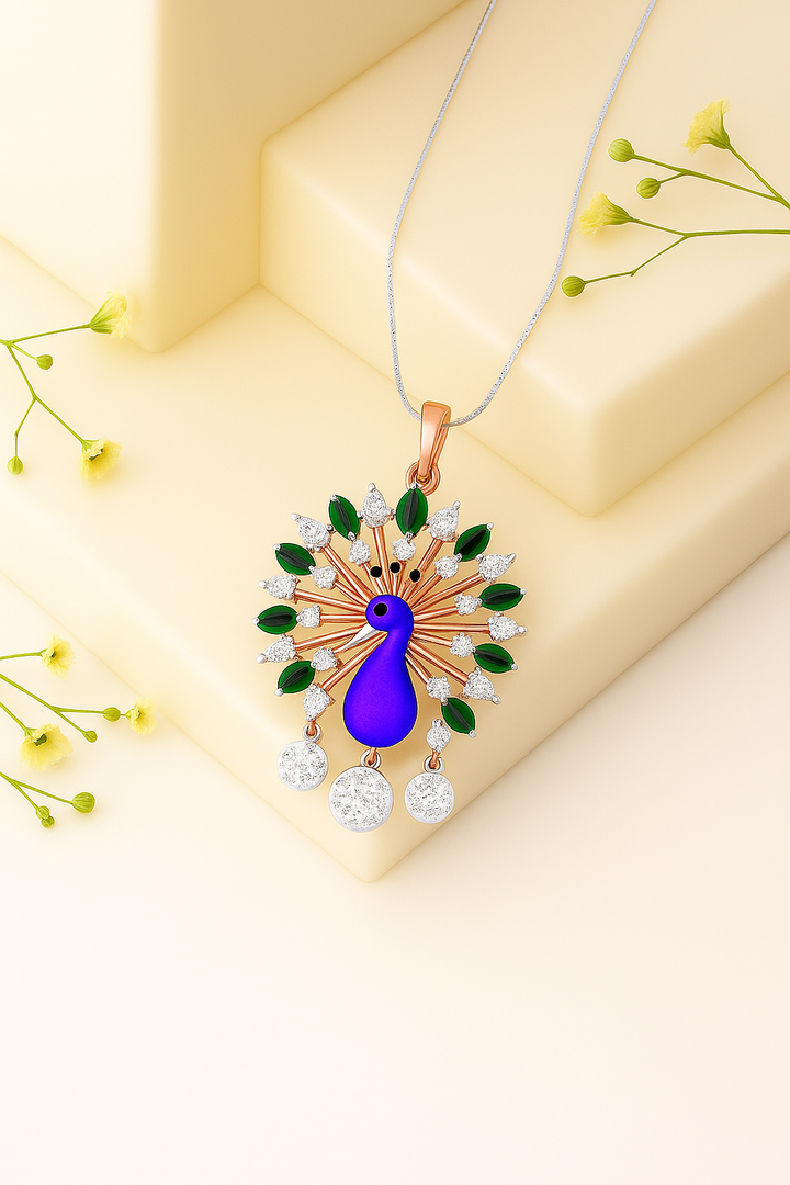 Majestic Peacock Enamel & Gemstone Pendant Necklace