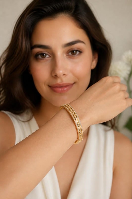 Regal Bloom Diamond Bangle worn by a model, front view