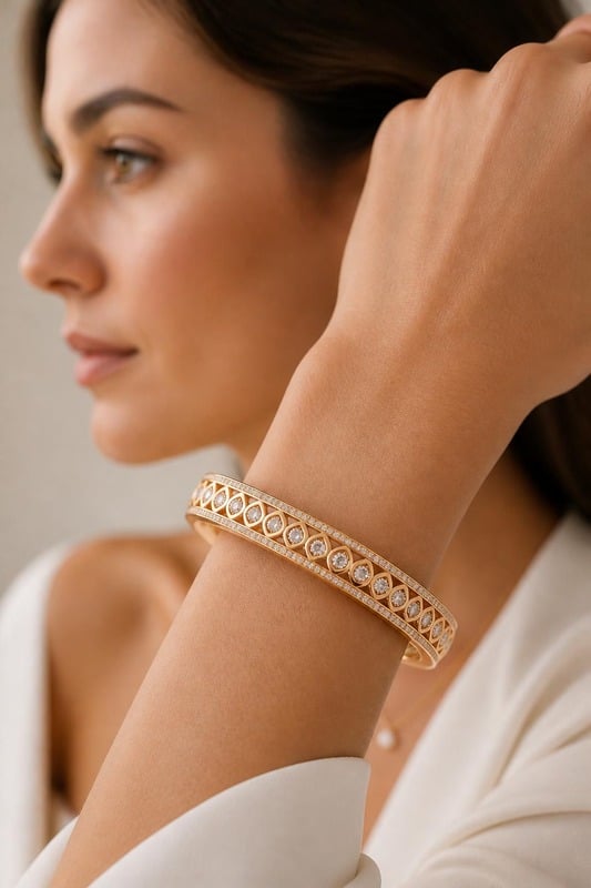 Regal Bloom Diamond Bangle worn by a model, side view