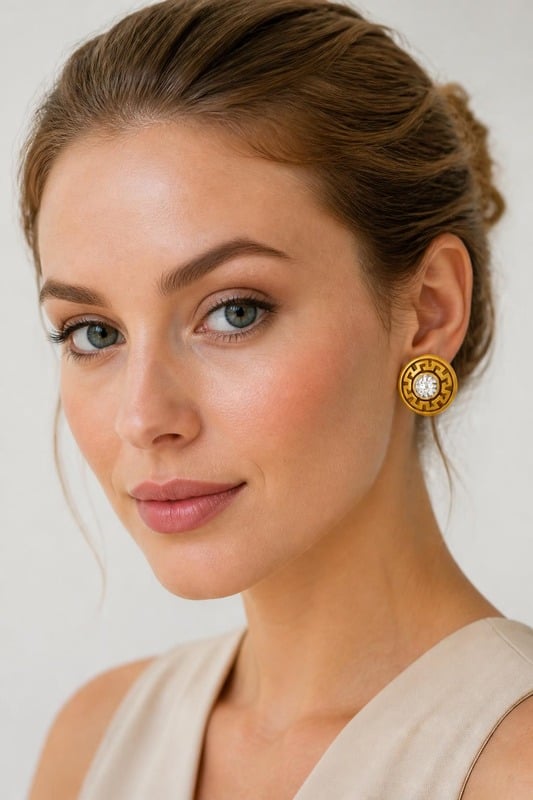 Regal Maze Stud Earrings worn by a model, front view