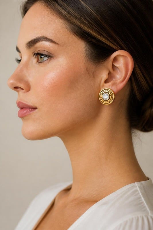 Regal Maze Stud Earrings worn by a model, side view