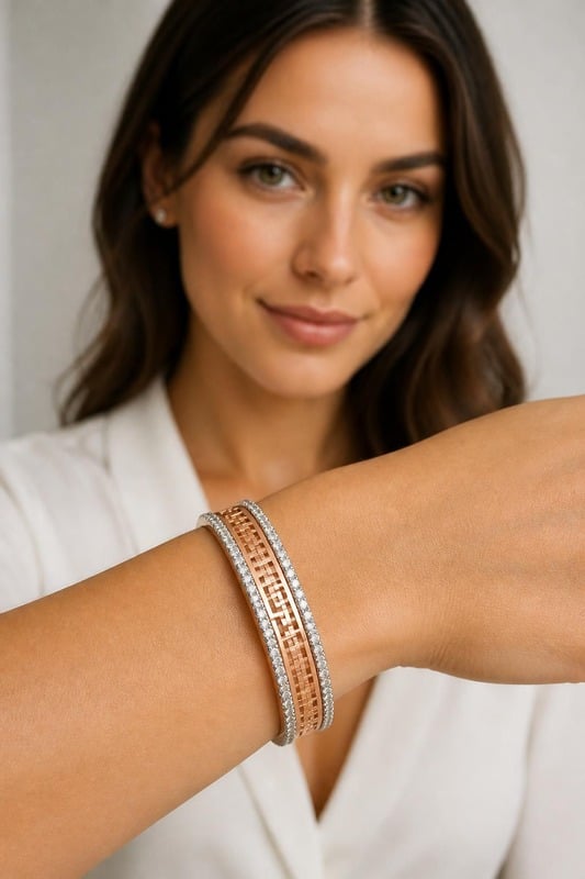 Sanskriti Geometric Diamond-Edge Gold Bracelet worn by a model, front view