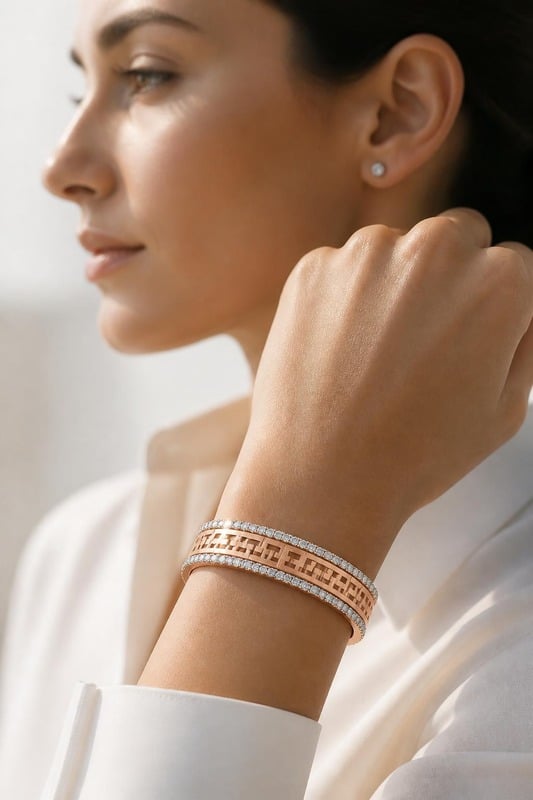 Sanskriti Geometric Diamond-Edge Gold Bracelet worn by a model, side view