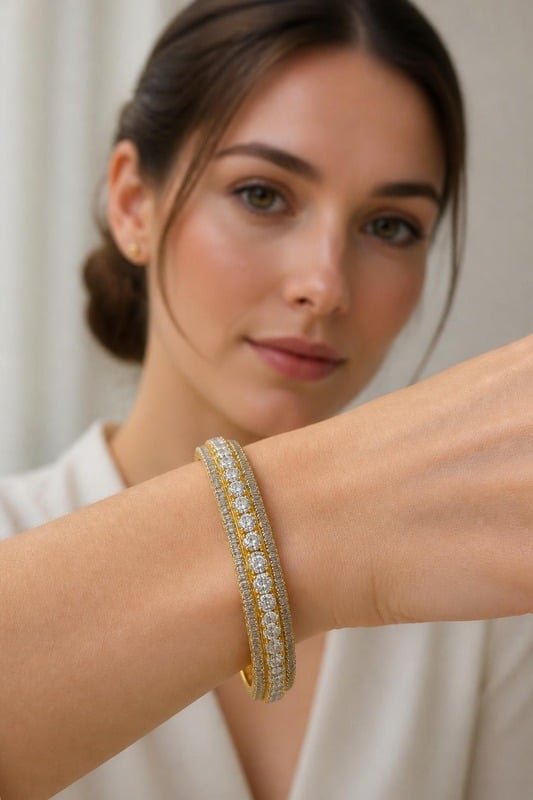 Sanskriti Radiant Diamond Gold Bracelet worn by a model, front view