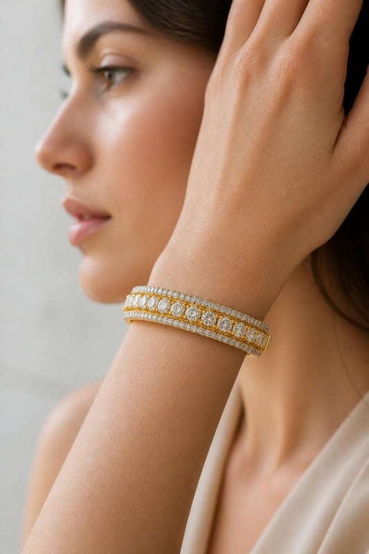 Sanskriti Radiant Diamond Gold Bracelet worn by a model, side view