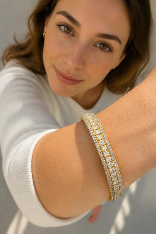 Sanskriti Radiant Diamond Gold Bracelet worn by a model, top-down view