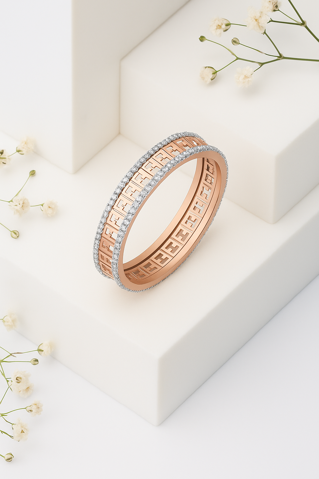 Sanskriti Geometric Diamond-Edge Gold Bracelet in rose gold featuring a geometric pattern with a diamond-edge border