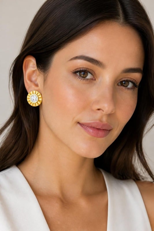 Sunburst Diamond Stud Earrings worn by a model, front view