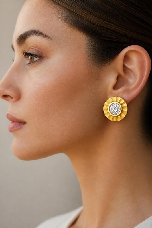 Sunburst Diamond Stud Earrings worn by a model, side view