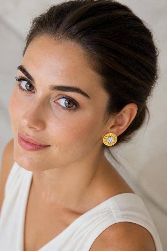 Sunburst Diamond Stud Earrings worn by a model, top-down view