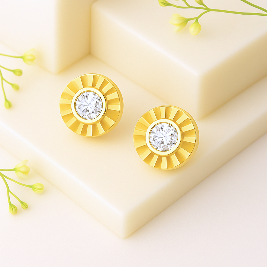 Sunburst Diamond Stud Earrings in gold featuring a polished sunburst and clear centre stone